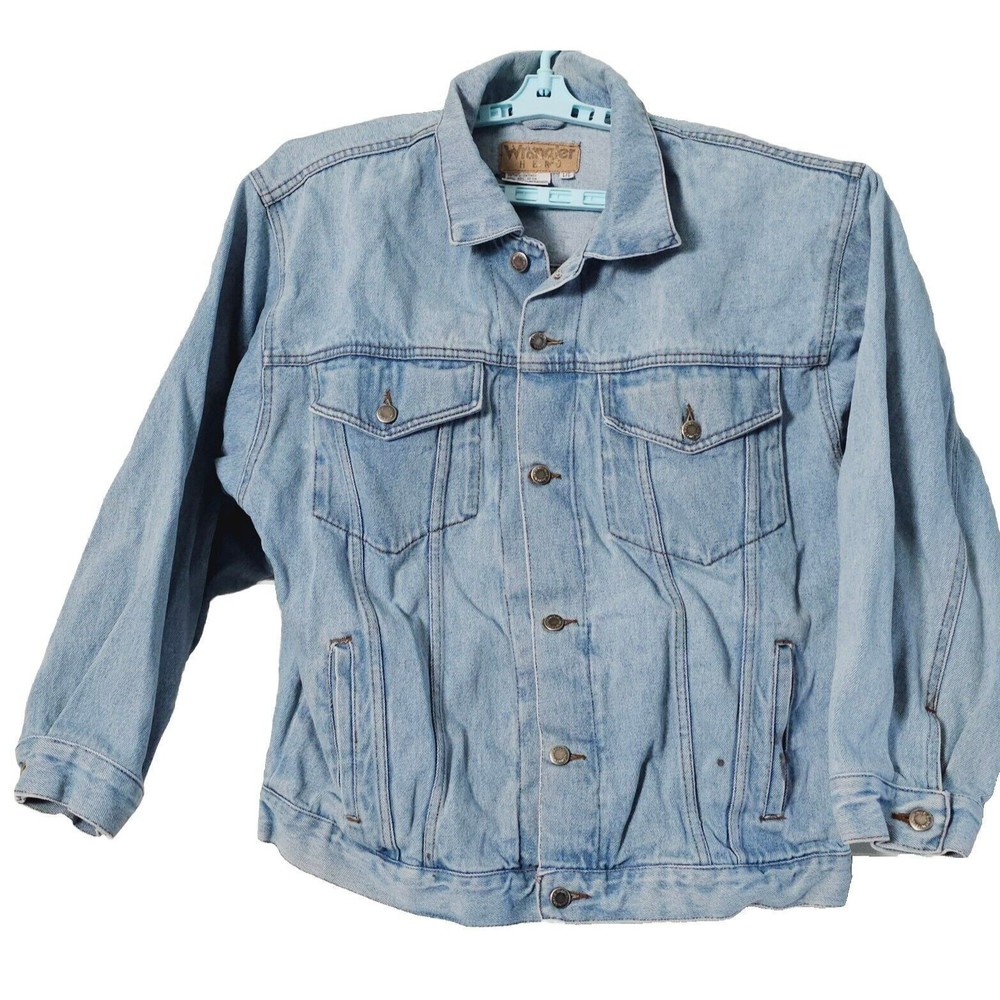 VTG Men's Large Wrangler Hero Rugged Wear Denim Jean Trucker Jacket Coat Stains
